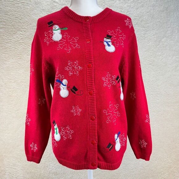 Croft & Barrow Ugly Christmas Cardigan Sweater Womens Red Snowman Button Up 90 - Picture 2 of 7